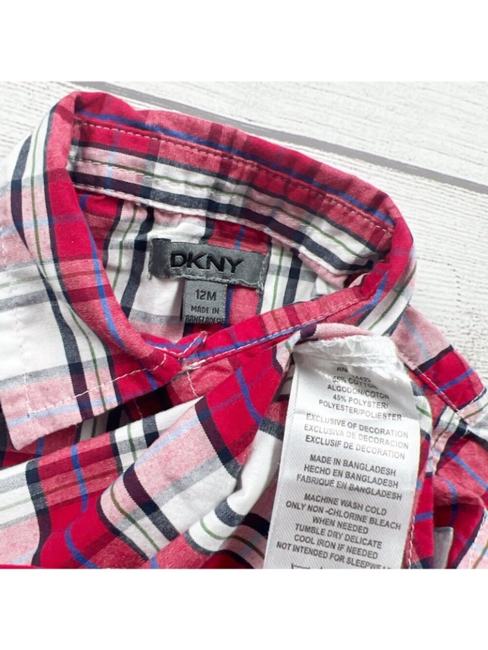 DKNY Infant Boys Plaid Button Up Shirt Red Long Sleeve Collared 9-12 Months - Picture 2 of 3